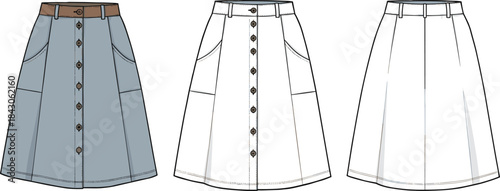 A-line denim skirt technical flat sketch with belt, buttons, front and back view for fashion design, apparel illustration and templates. flat vector illustration