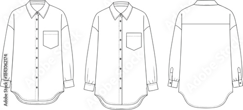  Basic long sleeve shirt technical flat sketch, fashion vector template with collar, button placket, pocket, back yoke and cuff.flat vector illustration