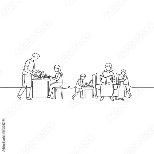 young family doing housework and childcare together in living room line art illustration teamwork sharing chores concept for parenting blogs