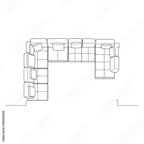top view l shaped sectional sofa floor plan with cushions and coffee tables in modern living room layout ideal for interior design projects