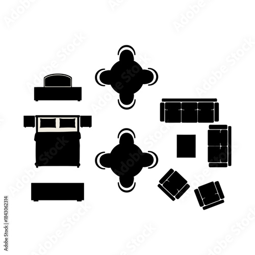 top view furniture icons set with sofa bed and dining table silhouettes for interior floor plan layout and home design projects