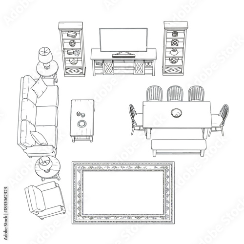top view living room and dining room furniture layout line drawing for interior floor plan home decor architectural design projects