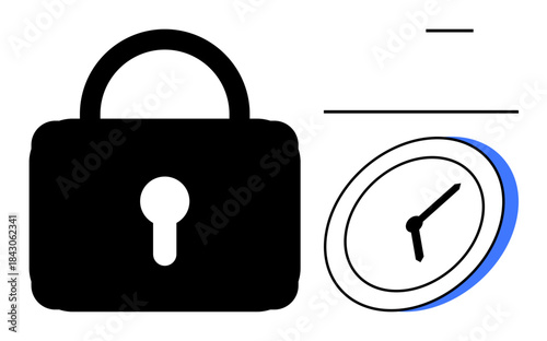 Cybersecurity, time management, protection, encryption, reliability, scheduling. Black lock symbol and clock on white background. Cybersecurity and time management conceptual