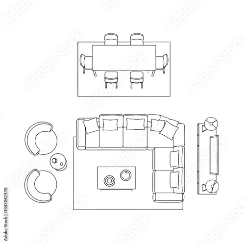 top view living room and dining room furniture layout plan with sectional sofa armchairs and table set ideal for interior design projects