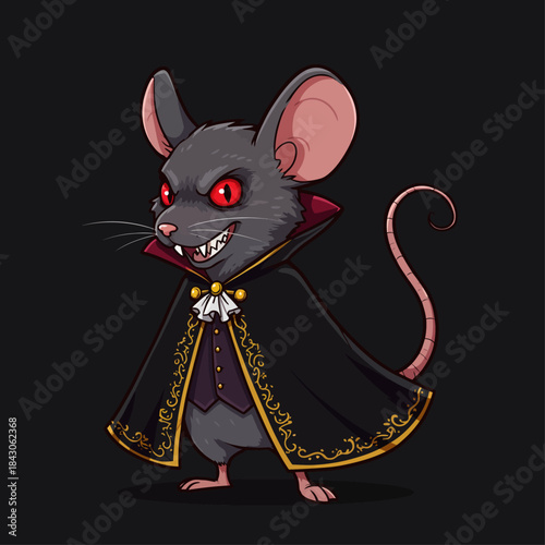 vampire rat cartoon character in elegant cloak with glowing red eyes on dark background perfect for spooky halloween designs