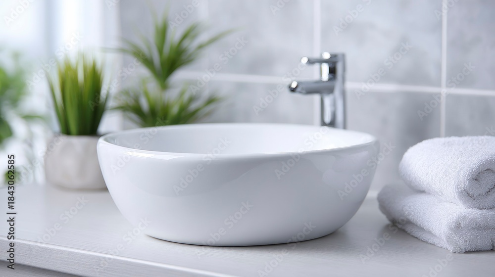 Fototapeta premium A modern bathroom sink with a sleek white bowl design. The faucet is chrome, and there are neatly stacked white towels beside it. Green plants add a touch of nature.