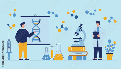 Scientists Collaborating on Genetic Research: DNA Analysis and Laboratory Work Illustration flat vector illustration