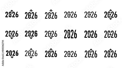 Year 2026 typography with up and down arrows on white background