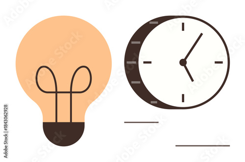 Lightbulb and clock with clean design convey creativity, efficiency, and productivity. Ideal for brainstorming, planning, deadlines, innovation, productivity tips, time tracking simple flat metaphor
