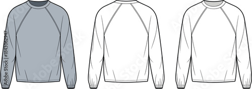  Basic crew neck sweatshirt flat sketch front and back, raglan sleeve design, casual pullover template, fashion vector, technical drawing

flat vector illustration