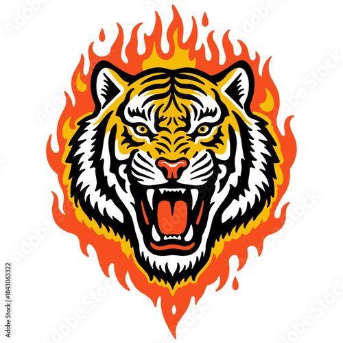 Flaming tiger head illustration, roaring aggressive mascot design, vintage retro sportswear print, big cat wild animal, fire blaze hot heat, old school tattoo style