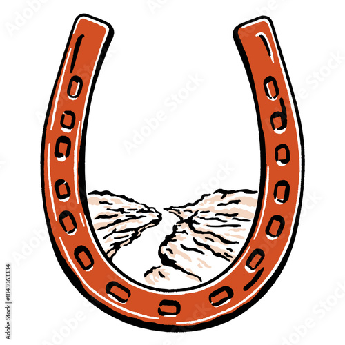 Vintage horseshoe canyon western retro illustration, wild west desert landscape, good luck symbol graphic design element, cowboy, mountain, cliff, river