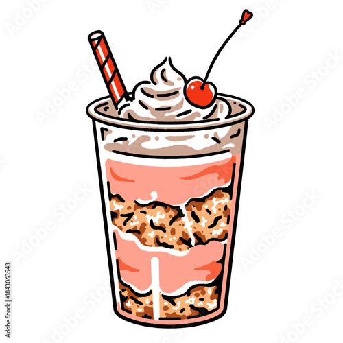 Layered parfait dessert doodle, retro milkshake cartoon, sweet treat illustration, strawberry granola parfait, whipped cream cherry cup, vintage snack drawing