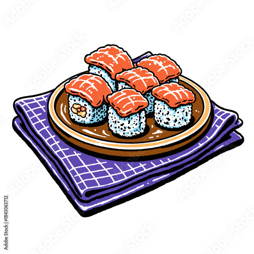Sushi rolls illustration, salmon topping maki plate, Japanese food cartoon art, hand drawn asian cuisine, doodle style graphic