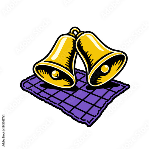 Golden bells illustration, retro design, purple rug, celebration, christmas, wedding, vintage cartoon, tattoo flash, isolated vector, music, traditional, ding-dong, yellow