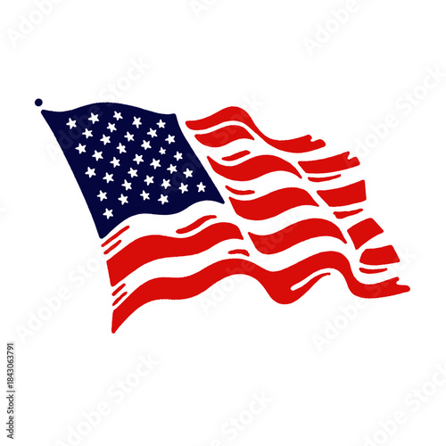 American flag grunge illustration, waving stars and stripes banner, USA national symbol, distressed texture, patriotic design, 4th of July, vintage graphic print