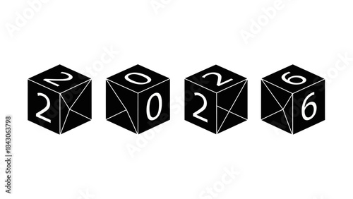 Abstract black cubes with white numerals displaying the year 2026 arranged in a straight line