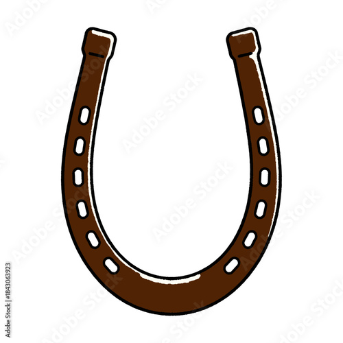 Horseshoe lucky charm illustration, Western cowboy farm stable symbol, vintage doodle art, metal good luck sign, equestrian equipment, stylized brown icon