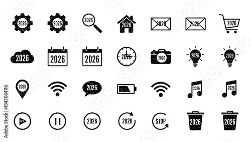 Collection of 20 monochrome icons representing 2026 calendar events and technologies