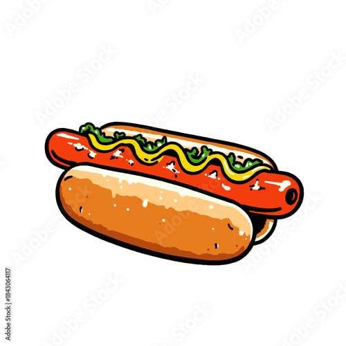 Hot dog illustration, cartoon food, frankfurter bun, street food art, sausage drawing, mustard relish, comic style, fast food icon, isolated, retro snack, cookout meal