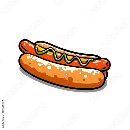 Hot dog sausage illustration, cartoon style, frankfurter sandwich, mustard topping, quick food graphic, fast food menu item, snack, lunch, barbecue, picnic, American cuisine, retro comic art