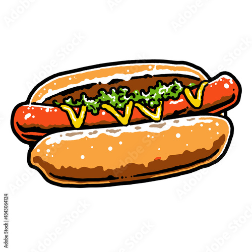 Hot dog vector illustration, retro cartoon style, street food, sausage in bun, relish, mustard, graphic, fun, isolated, drawing, classic, fast food, frankfurter, snack, grill, summer