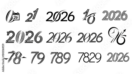 Collection of handwritten and stylized numbers and dates representing the year 2026 in various