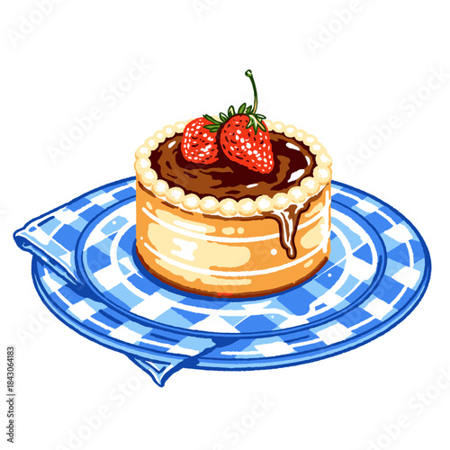 Strawberry shortcake dessert, small layered pastry, chocolate glaze, fresh strawberries, cute dessert illustration, bakery treat, cafe menu art, blue plate