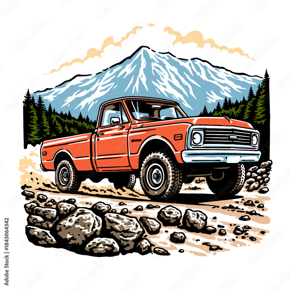 Ταπετσαρία Vintage truck illustration, retro pickup, off-road adventure, classic American t