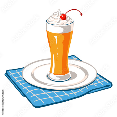 Summer drink illustration, yellow orange float, cold beverage, whipped cream strawberry, milk shake, sweet treat, picnic art, retro vintage graphic design element