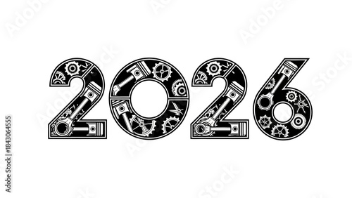 Design of the Year 2026 with Mechanical Gears and Tech Elements in Bold Number Font