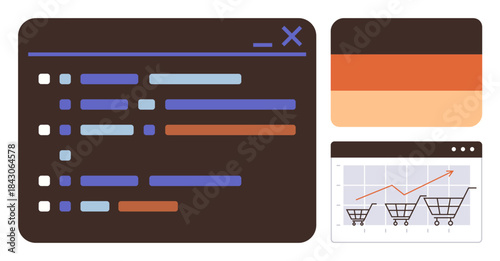 Dashboard interface with task lists, horizontal bar chart, and shopping cart growth chart. Ideal for e-commerce, analytics, data management, productivity, organization, market trends business
