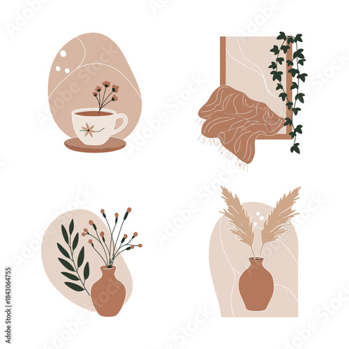boho home decor vector set with plants vases cozy blanket and tea cup in warm neutral colors minimalist hygge illustration for posters