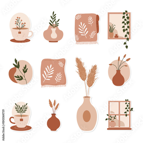 boho home decor clipart set with vases plants and pampas grass cozy scandinavian aesthetic illustrations for hygge interior design