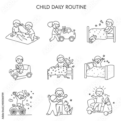 child daily routine vector set showing boy waking up playing and traveling in car and bike cute outline illustrations for kids education