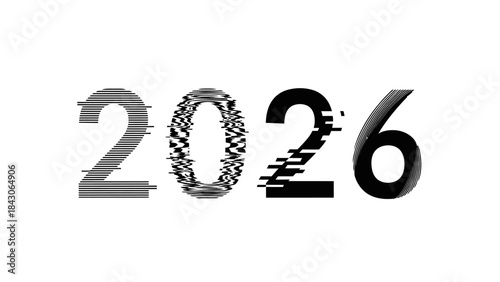 Futuristic Digital Number 2026 with Glitch Effect and Dynamic Lines