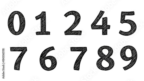 Hand-drawn numbers from 0 to 9 in a sketch-style with textured appearance
