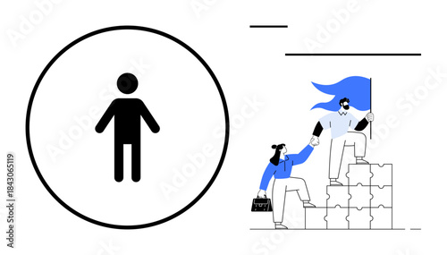Teamwork, leadership, human connection, progress, collaboration, personal growth. Minimal person icon beside two individuals climbing puzzle steps holding hands. Teamwork and leadership idea visuals