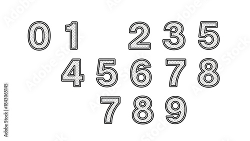 Line Art Illustration of Numeric Digits 0 to 9 in Outline Style on White Background