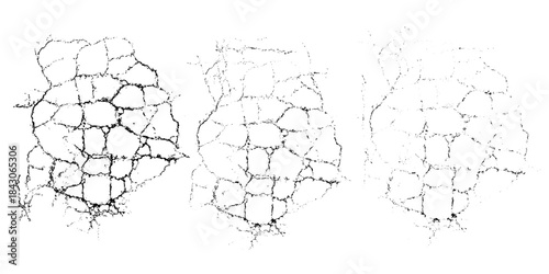 Vector natural crack old surface monochrome set. Cracks overlays. Abstract grungy various density backgrounds.