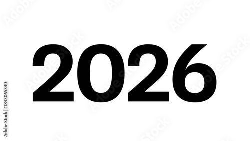 Minimalistic black and white digital graphic showcasing the year 2026 in bold typography for