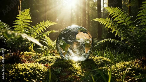 Earth egg glowing and radiating light in a lush forest with sunbeams