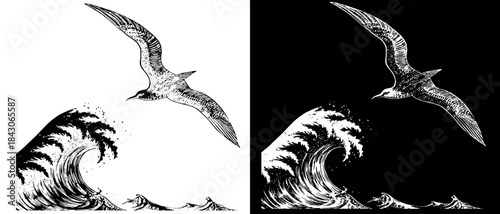 Vintage Ocean Wave and Seagull Engraving, Inverted Black White Xerography Vector on Transparent Background for Laser Engraving on Dark Surface