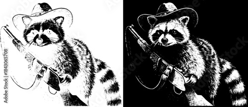 Vintage Raccoon Cowboy with Revolver Engraving, Inverted Black White Xerography Vector on Transparent Background for Laser Engraving on Dark Surface