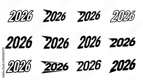 Stylish and dynamic typographic representation of the year 2026 with varied font styles and bold
