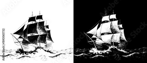 Vintage Sailing Ship Engraving at Sea, Inverted Black White Xerography Vector on Transparent Background for Laser Engraving on Dark Surface