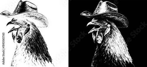 Vintage Rooster Cowboy Engraving with Hat, Inverted Black White Xerography Vector on Transparent Background for Laser Engraving on Dark Surface