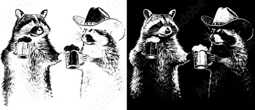 Vintage Raccoons Drinking Beer Engraving, Inverted Black White Xerography Vector on Transparent Background for Laser Engraving on Dark Surface