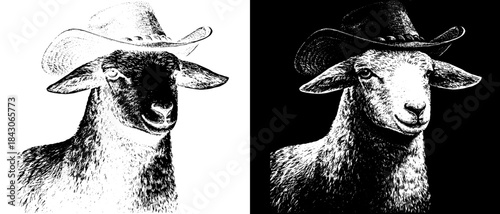 Vintage Sheep Cowboy Engraving with Hat, Inverted Black White Xerography Vector on Transparent Background for Laser Engraving on Dark Surface