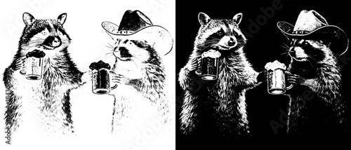 Vintage Raccoons Drinking Beer Engraving, Inverted Black White Xerography Vector on Transparent Background for Laser Engraving on Dark Surface